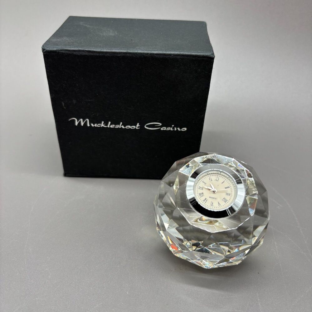 Crystal Quartz Desk Clock Faceted Sphere Paperweight w Box Muckleshoot Casino